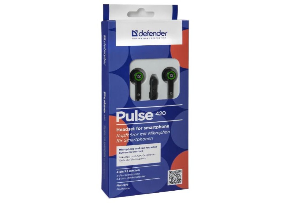 Гарнитура Defender Pulse 420 (63422) вставные (затычки) черно-зеленый 1.2м