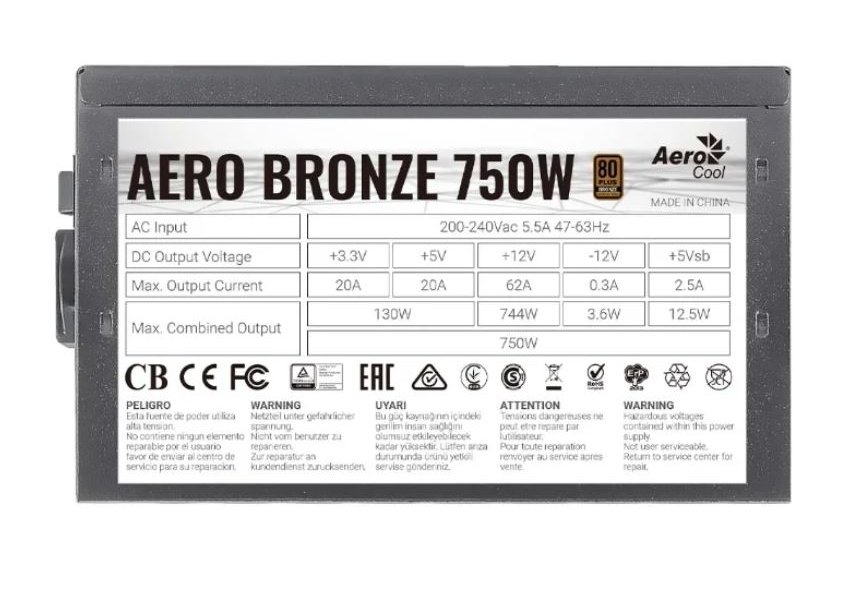 Блок питания AeroCool 750Вт AERO BRONZE ATX