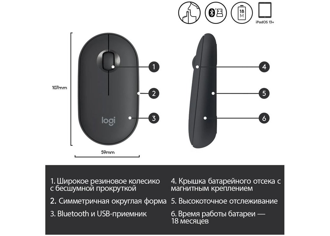 Мышь Logitech M350 Pebble беспроводная Bluetooth оптическая USB графитовый [910-005718/910-005576]